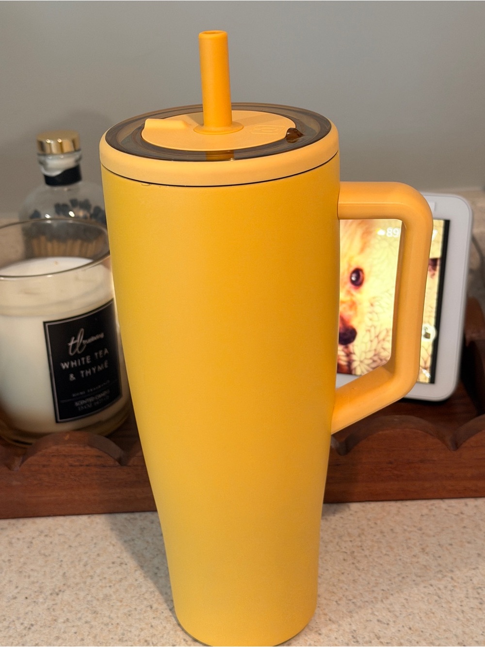 Yellow Insulated Travel Mug with Handle and Built-In Straw